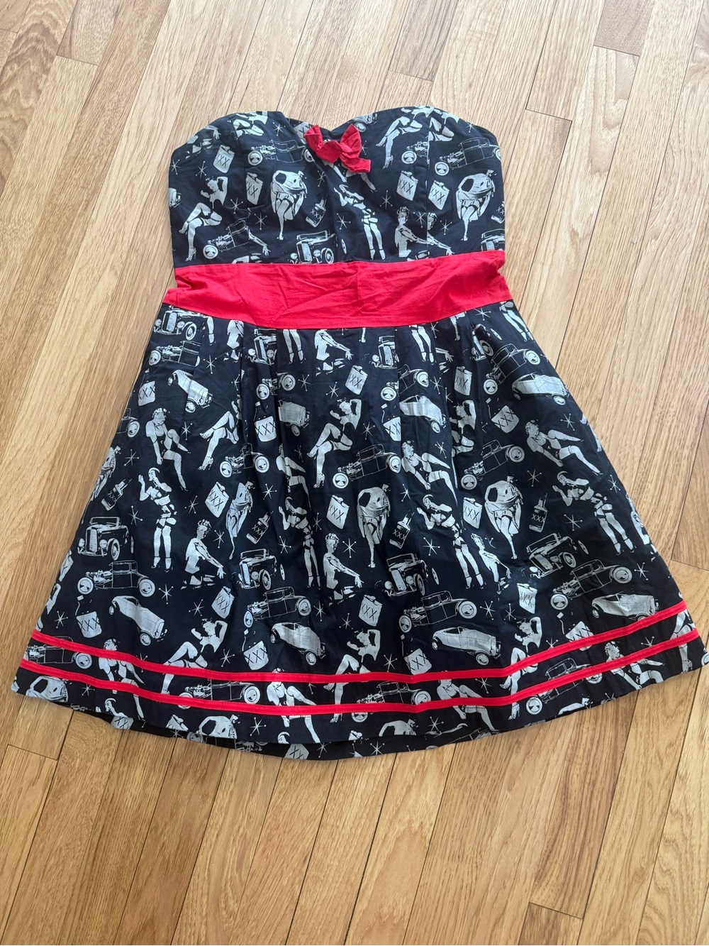Sourpuss Black & Red Strapless Rockabilly Print Dress - Size XL